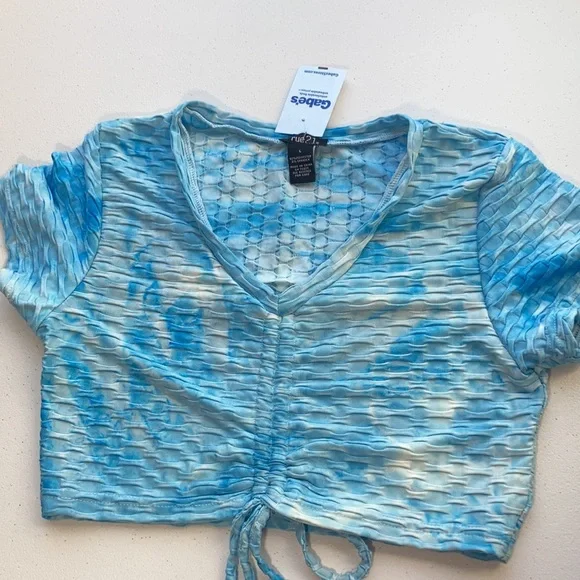 3/$12 Rue21 top Tie dye print honeycomb top w stretch & cinch string athleisure - Picture 8 of 16
